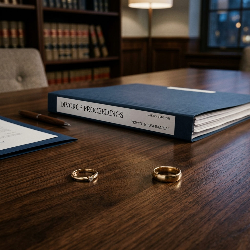Two wedding rings separated on a dark wood table with a legal file labeled Divorce Proceedings