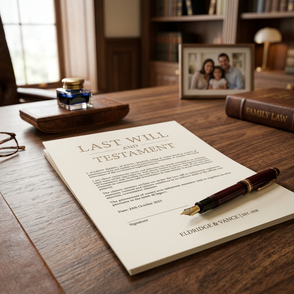 A premium Last Will and Testament document on a mahogany desk with a fountain pen